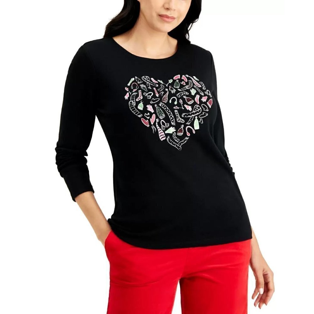 Karen Scott Womens Medium Embellished Heart Holiday Graphic Top Deep Black 1419